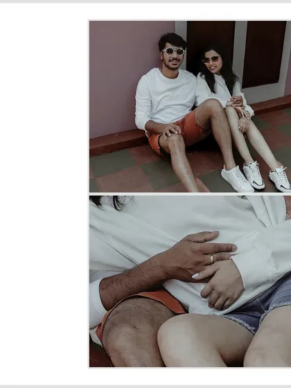 A casual pre-wedding collage, showing the couple relaxing together and a close up of their hands. It’s simple, sweet, and authentic.