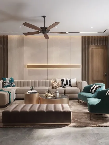 This luxury family room is designed for comfort and togetherness. A large L-shaped sofa provides ample seating, while accents of teal and patterned cushions add a touch of personality. The space is anchored by warm wood tones and soft, ambient lighting.