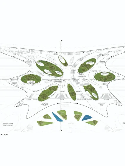 A plan of the concourse level, highlighting the distribution of green spaces and water features within the main passenger circulation areas.