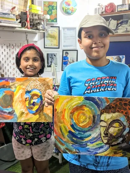 Work in progress on these vibrant Buddha paintings. Our students are using acrylic on canvas to create these expressive and modern interpretations.