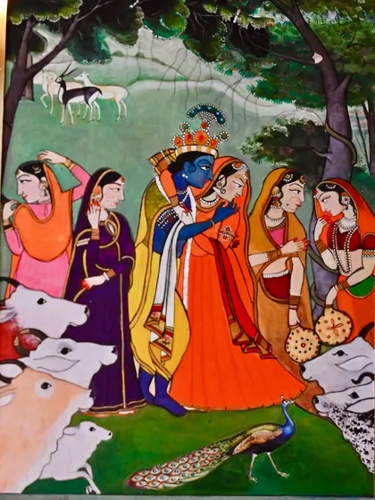 The first hand-painted panel, a depiction of Krishna with the gopis, created in the style of miniature painting. This artwork would later be integrated into the larger restored panel.