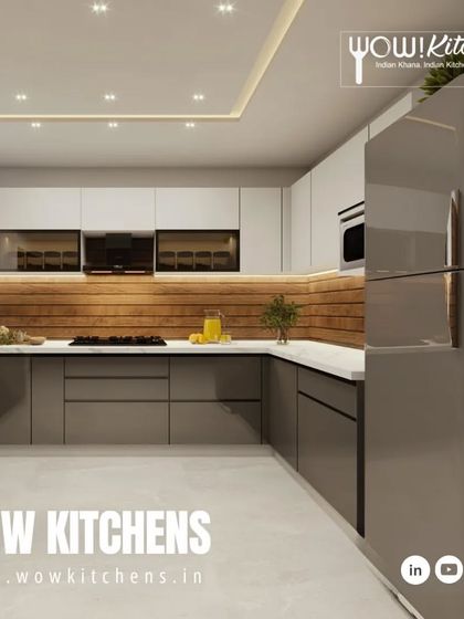 Another look at the modern U-shaped kitchen, emphasizing the balance of colors and textures. The grey, white, and wood tones create a space that is both stylish and welcoming.