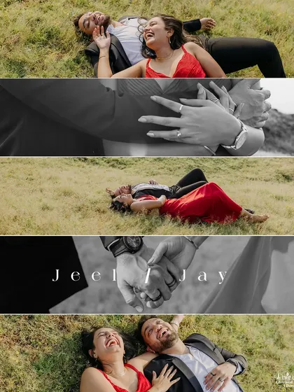 This story-strip from a Nashik pre-wedding shoot captures the range of emotions in a single day. It features joyful laughter while lying in the grass, close-ups of their hands and rings, and serene moments together.