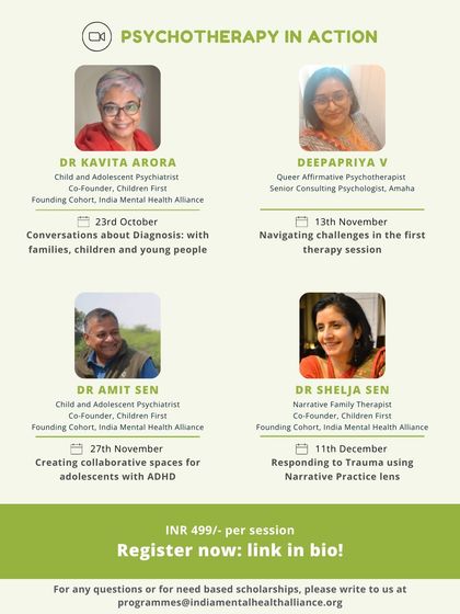 A schedule of our "Psychotherapy in Action" sessions as part of "The Being and The Doing" series. This graphic introduces the expert speakers and the topics they will cover, from diagnosis to responding to trauma.