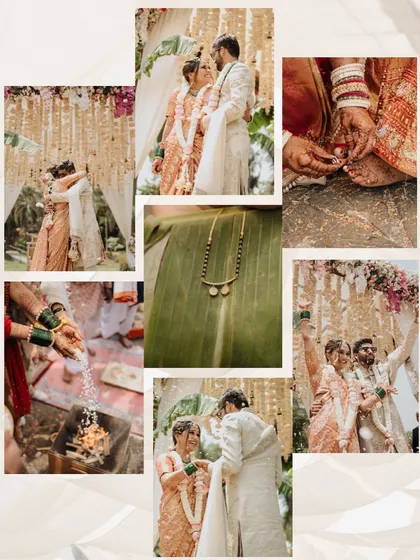 Details that matter. This collage highlights the small but significant moments and elements of a wedding, from the mangalsutra to the toe rings and the emotional hugs.