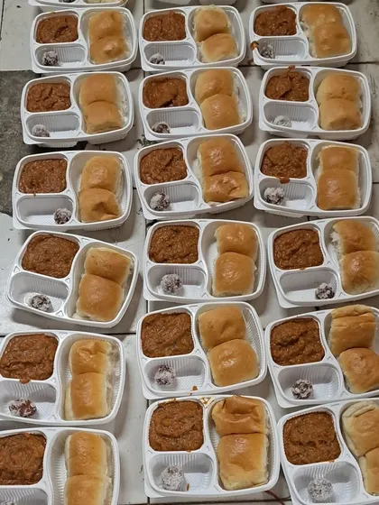 Neatly arranged Pav Bhaji meal boxes for a school event at Shree Narayana Guru Central School in Chembur.