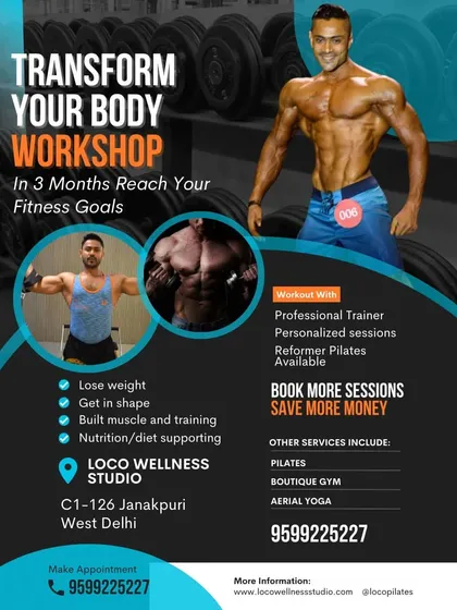 The official poster for our "Transform Your Body" workshop. This program is designed to help you reach your fitness goals in three months with personalized sessions, professional trainers, and nutrition support.