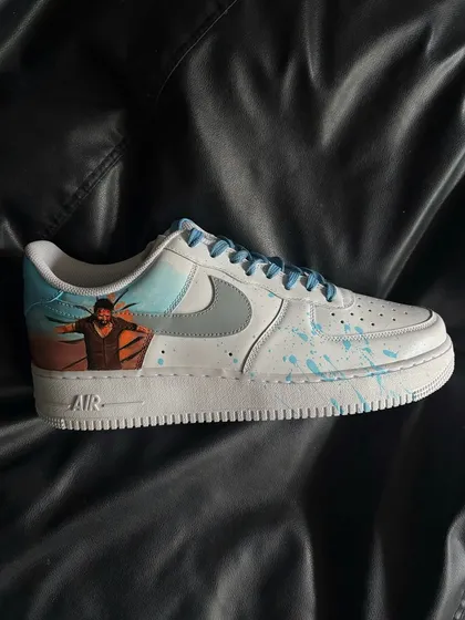 A side profile of the blue-themed "Salaar" custom sneaker.