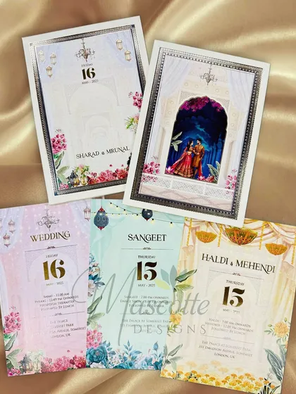 This suite showcases how we create a cohesive theme across multiple events. Each insert uses a different pastel color, from pink for the wedding to mint for the sangeet, all tied together with beautiful floral artwork and traditional 'jharokha' window illustrations.