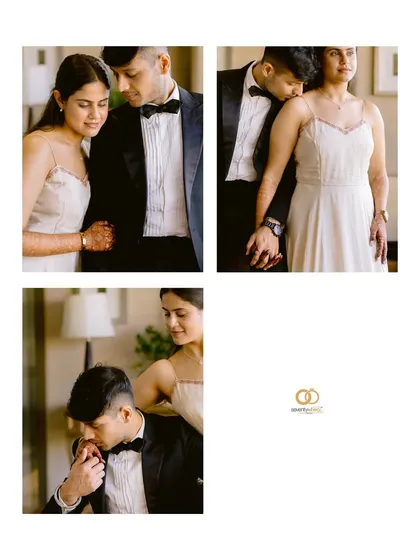 A collage of intimate, elegant moments. A kiss on the shoulder, a gentle handhold. These details tell a story of sophisticated romance and deep affection.