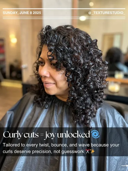 Curly cuts equal joy unlocked. I tailor each cut to the individual's curl pattern, because your curls deserve precision, not guesswork.