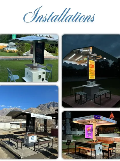 A collage showcasing the versatility of our Smart Solar Hut installations. From a portable unit with an umbrella design to a larger fixed structure in the mountains of Leh, our solutions are adaptable to diverse environments and client needs, including both daytime and nighttime functionality.