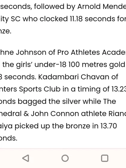 A news clipping mentioning Daphne Johnson of Pro Athletes Academy winning the girls' under-18 100 metres gold.