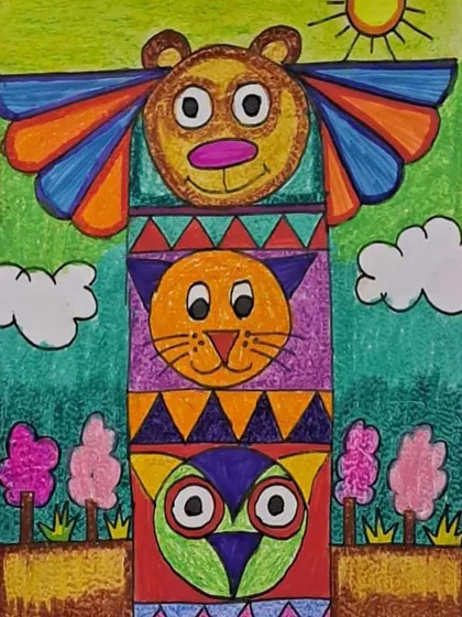 This colorful totem pole combines different animal faces into one creative design, teaching students about stacking, patterns, and symmetry.