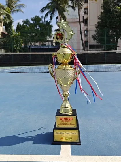 The winner's trophy from the 1 Lac Men's AITA Doubles Tournament in Jaipur, won by our trainee Anup Bangargi.