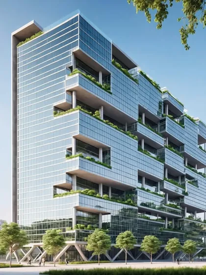 This upcoming commercial building is strategically positioned to overlook a lake. The design features cut-out niches with greenery, connecting the vertical structure to the surrounding landscape and creating a feeling of stepping up and into nature.