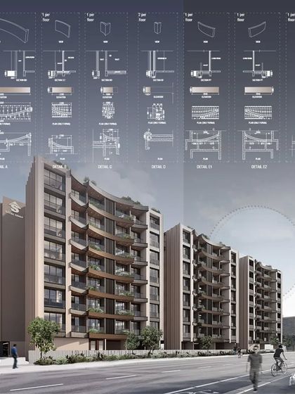 This presentation board showcases the unique shape and elevation of our Patelwadi residential project. The fluid design of the curved band disrupts the conventional rectilinear pattern of the area, injecting a sense of movement and visual interest.