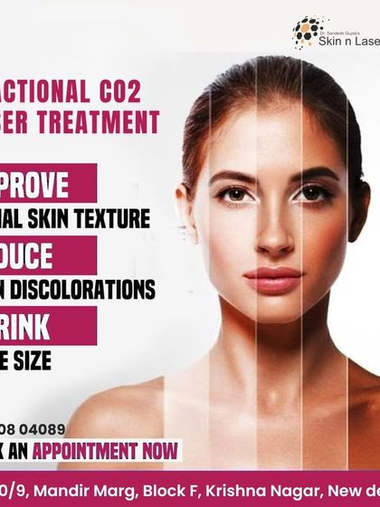 An informational graphic highlighting the benefits of Fractional CO2 laser treatment. It is an excellent solution for improving overall facial skin texture, reducing discoloration, and shrinking enlarged pores.