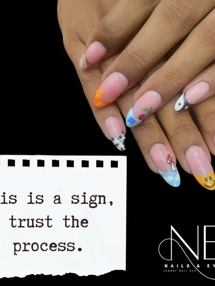 Express your creativity with fun, modern nail art. Here, we have combined a classic French tip with playful designs like smiley faces, cherries, and cow prints, showing the versatility of the skills we teach.