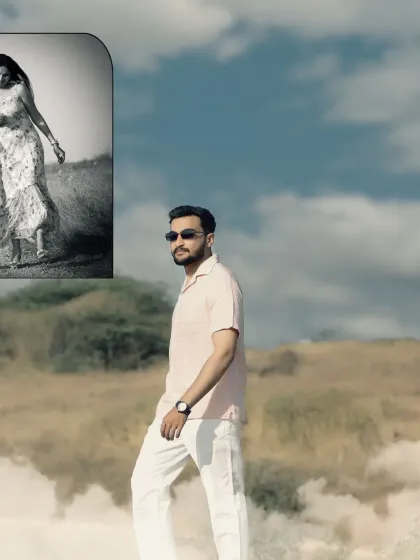 A creative album page design, showcasing the groom's portrait with a classic black-and-white photo of his bride, set against a dreamy sky.