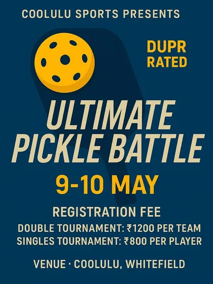 It's not just for kids! We host official DUPR-rated pickleball tournaments for adults in Bengaluru. This poster for our Ultimate Pickle Battle shows the singles and doubles events we organize for all skill levels.