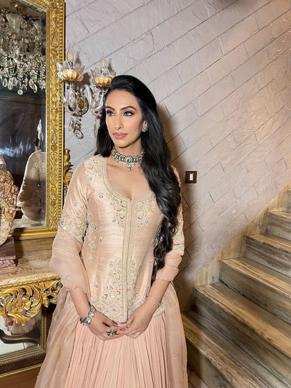 Another angle showing the soft, blended eye makeup and the overall elegance of the look.