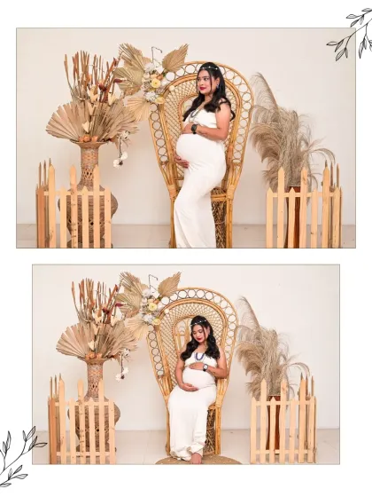 Two solo portraits of the mom-to-be seated in our wicker peacock chair. This setup, with the rustic fence and pampas grass, creates a beautiful and natural frame.