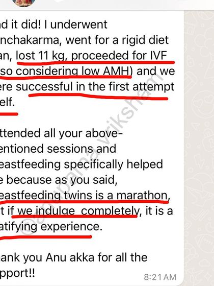 This student lost 11kg, proceeded with IVF considering her low AMH, and was successful in the first attempt. She also found my breastfeeding class for twins gratifying.