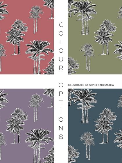 This shows the coordinating pattern of palm and coconut trees from the 'Trunk Tropica' collection in different colourways. These can be used alongside the main elephant print or on their own for a subtle botanical touch.