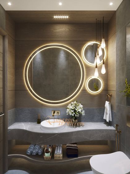 An alternative concept for the same powder room, this time with a more subdued grey stone and a solid wood wall, showcasing our ability to adapt a design to different material palettes.