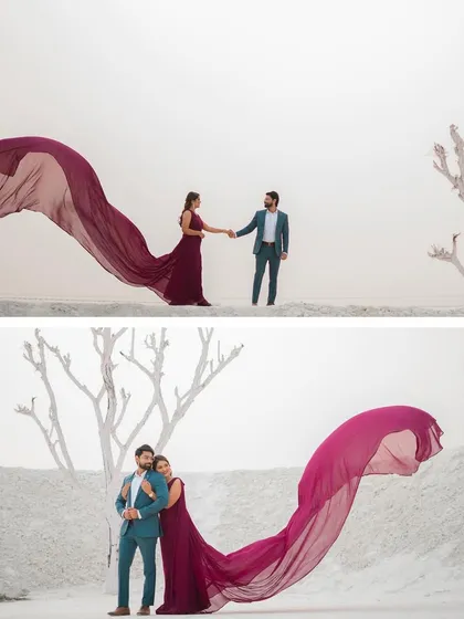 A collage showing Nihit and Komal's pre-wedding shoot with a flowing purple gown against the white hills, capturing both wide shots and intimate moments.