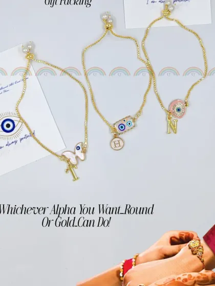 Our festive collection includes these stylish initial and evil eye charm bracelets. They are perfect as a rakhi for your brother or a lumba for your bhabhi and can be customized with any alphabet.