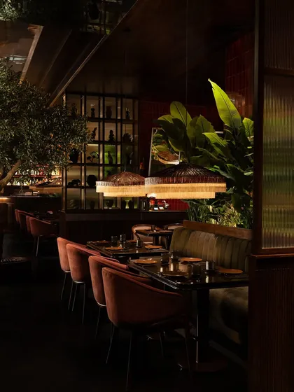 The linear arrangement of dining tables, with plush rust-colored chairs and custom fringed lampshades. The lighting is carefully calibrated to create pools of intimacy in the open space.