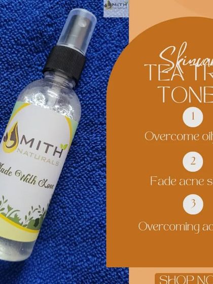An informational graphic for my Tea Tree Toner. It highlights the key benefits like overcoming oily skin, fading acne scars, and helping with acne-prone skin. It's a simple, effective step in your skincare routine.