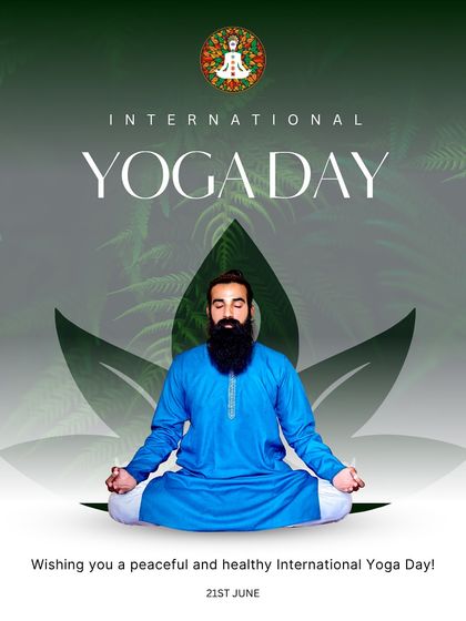 A graphic celebrating International Yoga Day, featuring an instructor in a meditative pose, wishing our community peace and health.