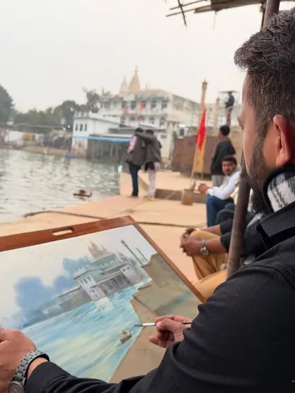 Here I am at work on the Pushkar ghat painting, capturing the morning light and atmosphere.