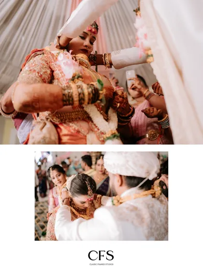A collage of key ceremony moments, from the exchange of garlands to other sacred rituals. We focus on the emotional connection and the traditional details of your wedding.