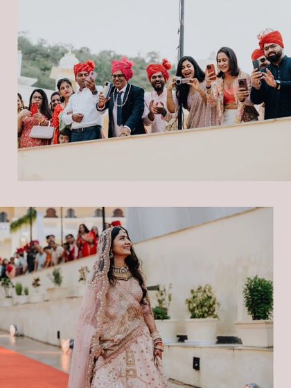 The guests' reactions are just as important as the couple's. Here, family and friends watch the bride's entrance with phones out and smiles on their faces.