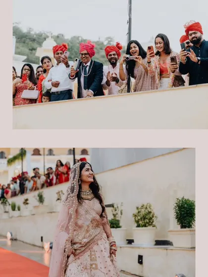 The guests' reactions are just as important as the couple's. Here, family and friends watch the bride's entrance with phones out and smiles on their faces.