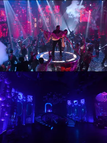 A dramatic lift scene from 'Bejuria'. The bottom image shows the full set and lighting rig, highlighting the scale of the production that is cropped out of the final, tightly framed shot.