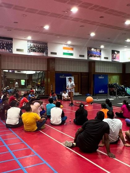 A wide shot of a practical session with coaches at NSNIS Patiala. We use these sessions to work on mobility, activation, and movement patterns.