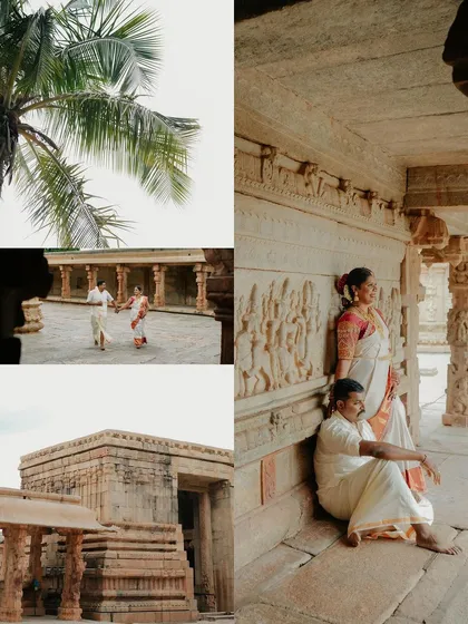 A collage showcasing various scenes from a temple shoot. It captures the couple in different settings, from walking in the courtyard to relaxing against a carved wall, telling a complete story of their day.