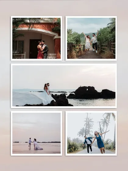 This layout captures the breezy, romantic vibe of a pre-wedding shoot in Goa. It mixes wide shots of the stunning coastline with fun, candid photos of the couple, creating a visual diary of their trip.