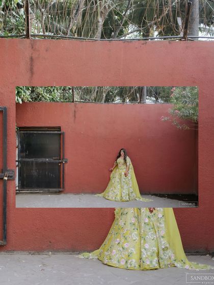 A series of artistic and candid shots of the bride and groom, showcasing their outfits and the beautiful outdoor venue.