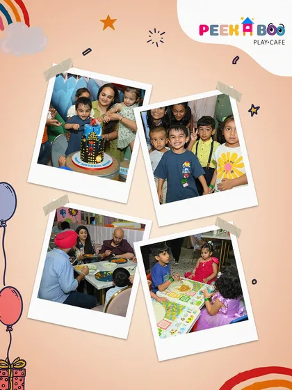 A collage of happy moments from Aviraj's 3rd birthday party. It captures the cake cutting ceremony surrounded by family, kids enjoying their meal at a specially arranged table, and a group photo filled with smiles.