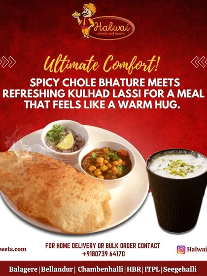Experience the ultimate comfort food with our classic Chole Bhature served with a refreshing Kulhad Lassi. The fluffy, hot bhature and spicy chole create a meal that feels like a warm hug.