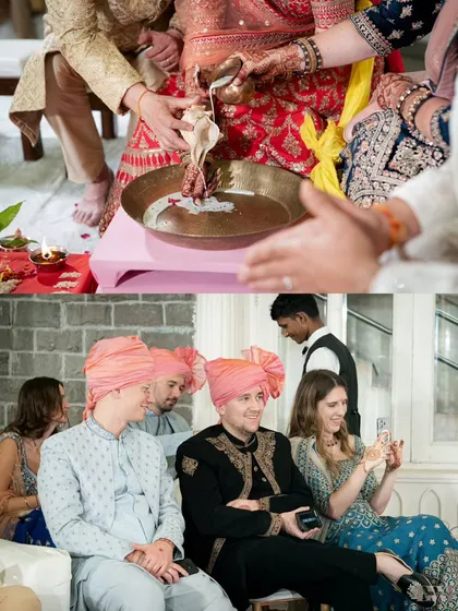 A collage showing the unique rituals of a cross-cultural wedding, with guests from different backgrounds participating and celebrating together.