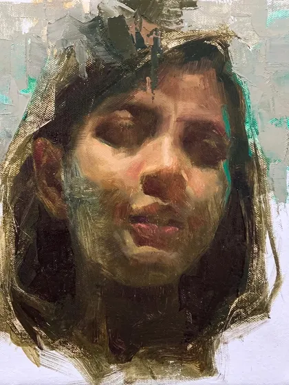 An oil sketch of a young woman with her eyes closed. This is a rapid study in expression, focusing on the play of light and shadow to create a serene and introspective mood.