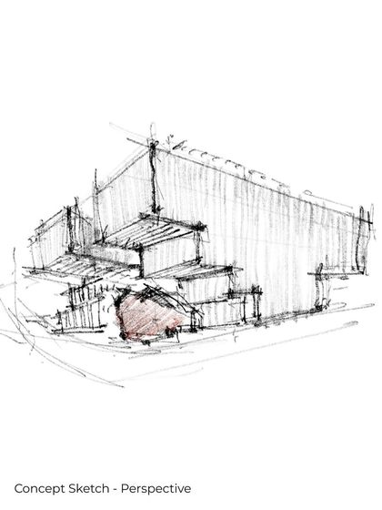 A concept perspective sketch for the Mankind HQ. The drawing explores how strategic excavations and shifts in the building's form can respond to light, program, and views, particularly of the dense green edge flanking the site.