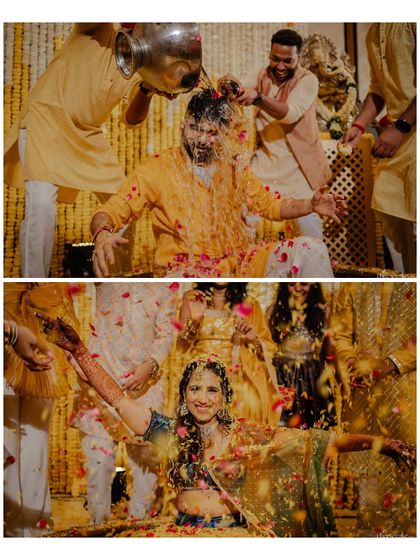 A split image showing the groom's drenching and the bride's flower shower, capturing the parallel fun.